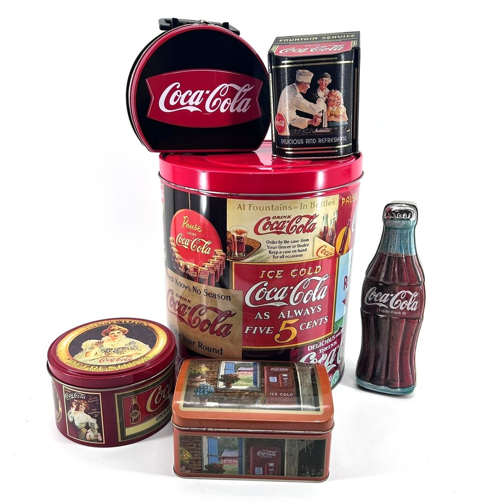 Vintage Coca-Cola Collectible Tin Lot 6pc Bottle Shape Lunch Box Round Canister